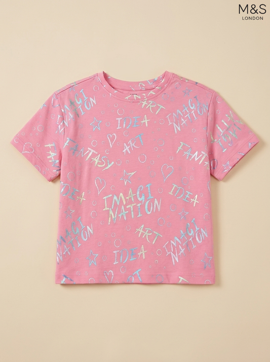 M&S London Kids Pink Slogan & Motif Print T-Shirt