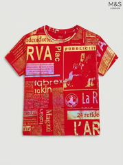 M&S Kids' Red Gold Foil Newspaper Print T-Shirt | Shimmering Graphic Crew Neck Top