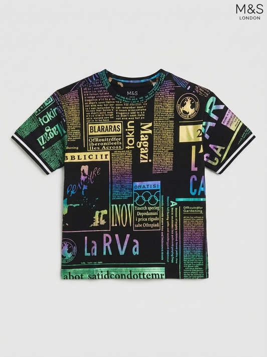 M&S Kids' Black Rainbow Foil Newspaper Print T-Shirt | Iridescent Graphic Crew Neck Top