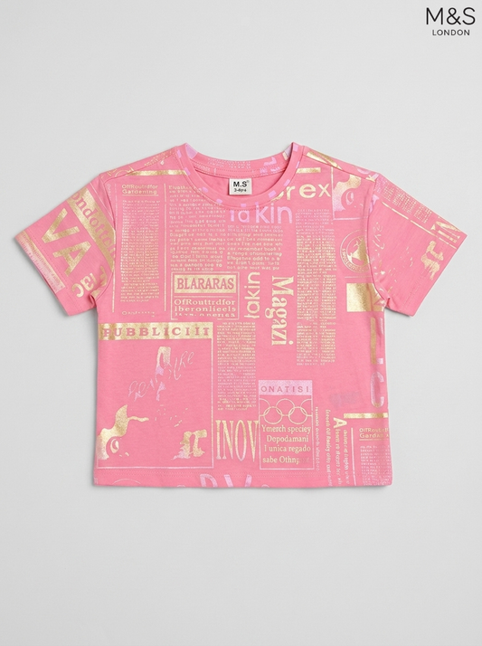 M&S Kids' Pink Newspaper Print T-Shirt | Gold Metallic Foil Graphic Crew Neck Top