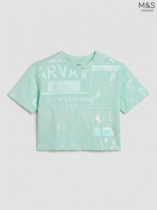 M&S Kids' Mint Green Newspaper Print T-Shirt | Metallic Foil Graphic Crew Neck Top