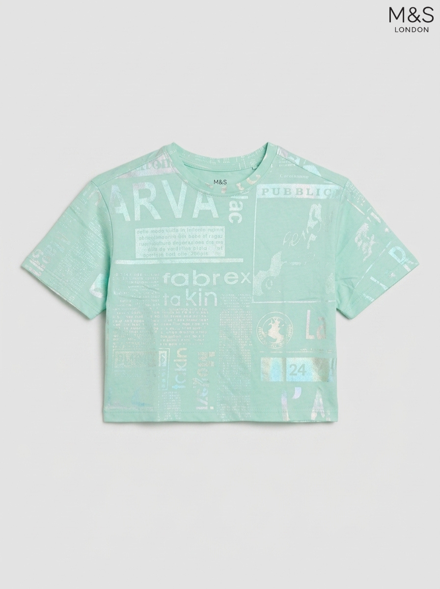 M&S Kids' Mint Green Newspaper Print T-Shirt | Metallic Foil Graphic Crew Neck Top
