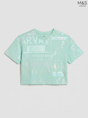 M&S Kids' Mint Green Newspaper Print T-Shirt | Metallic Foil Graphic Crew Neck Top