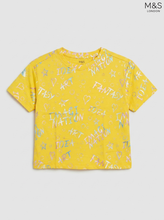 M&S Kids' Yellow Slogan & Graphic Cotton T-Shirt | Shimmering Print Crew Neck Top