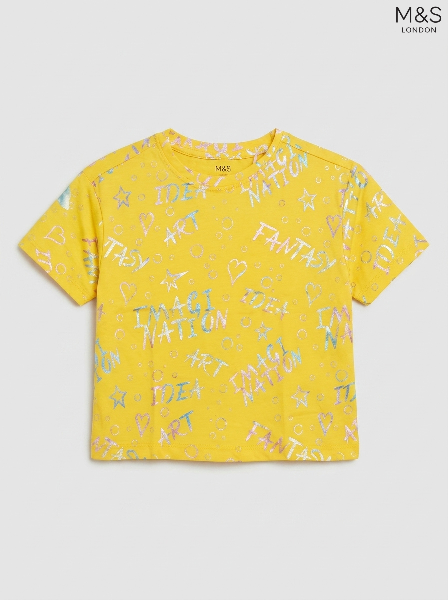 M&S Kids' Yellow Slogan & Graphic Cotton T-Shirt | Shimmering Print Crew Neck Top