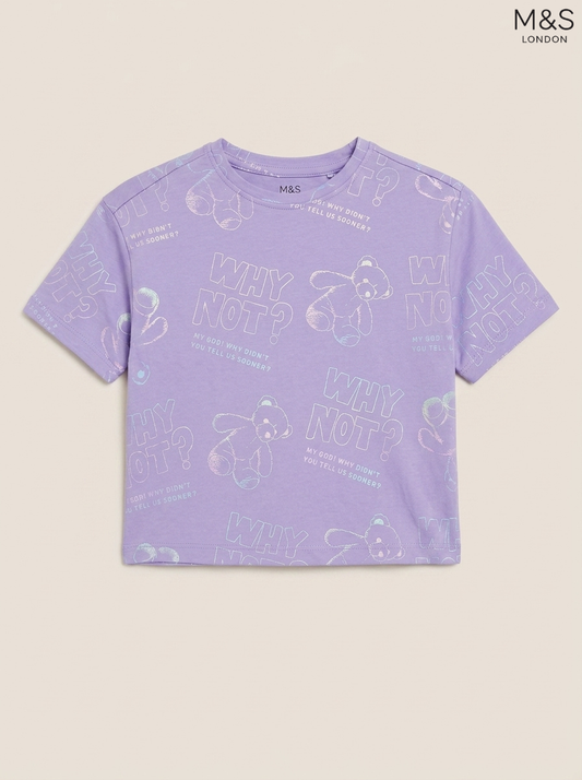 M&S London Girls' Purple Teddy Bear All-Over Graphic T-Shirt