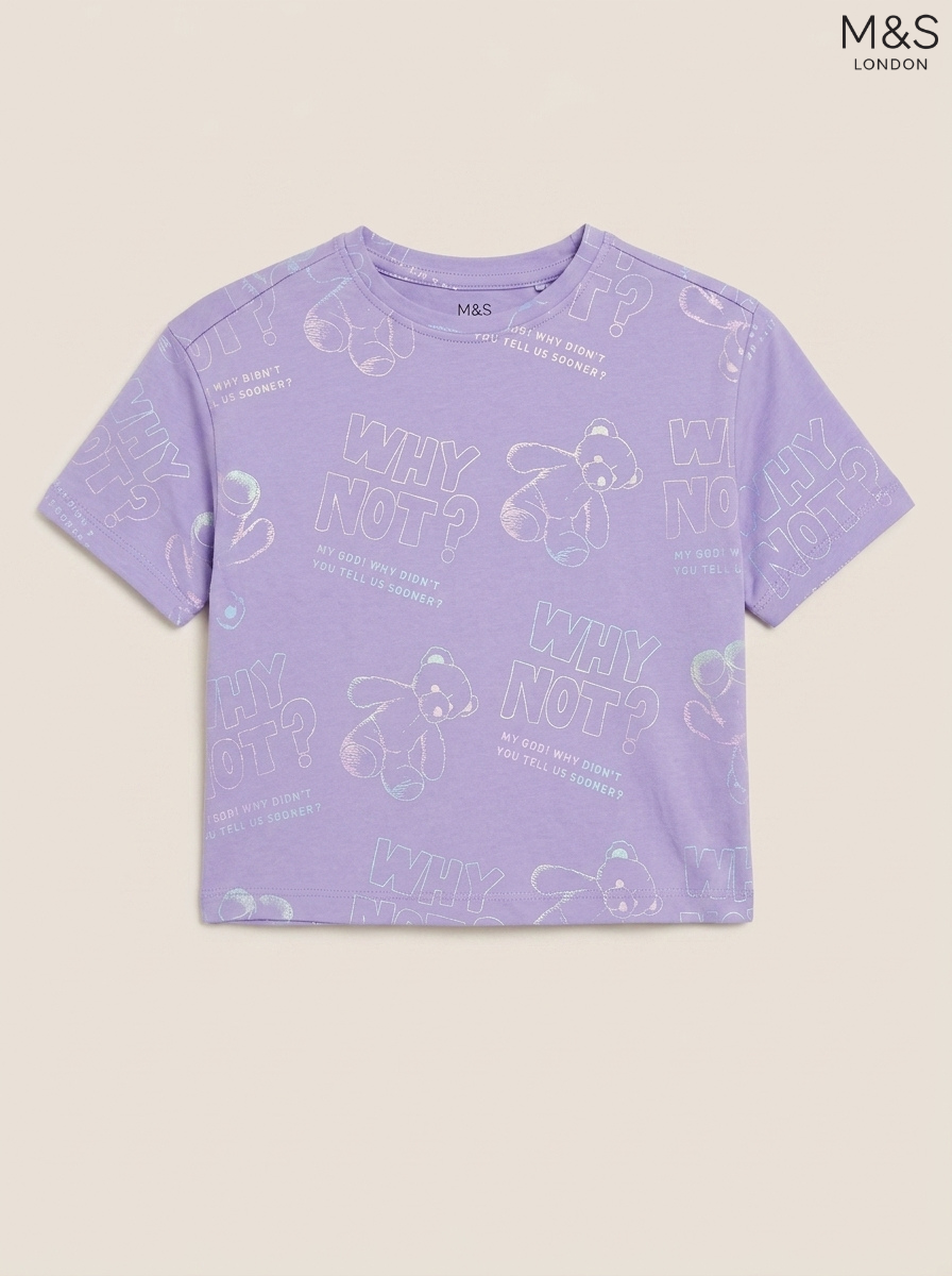 M&S London Girls' Purple Teddy Bear All-Over Graphic T-Shirt
