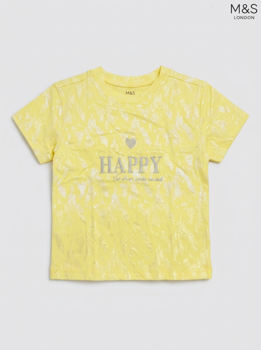 M&S London Girls' Yellow Metallic Printed Graphic T-Shirt - "HAPPY"