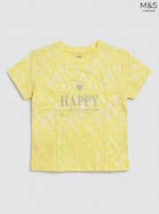 M&S London Girls' Yellow Metallic Printed Graphic T-Shirt - "HAPPY"