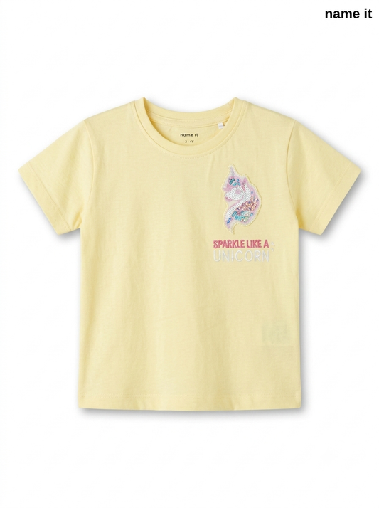 NAME IT Girls’ Pastel Yellow Unicorn Sequin T-Shirt