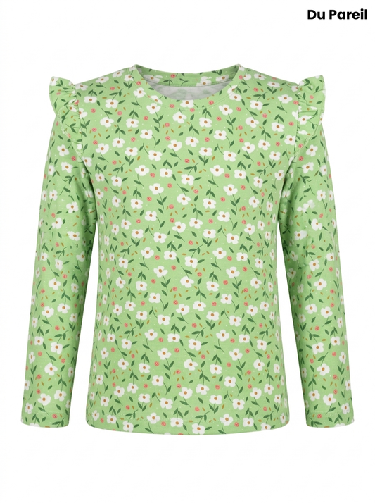 Girls' Daisy Print Long-Sleeve Tee with Shoulder Ruffles