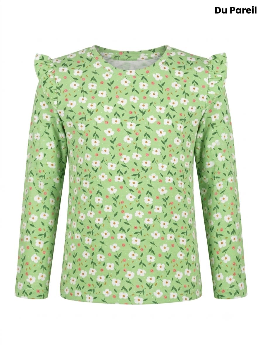 Girls' Daisy Print Long-Sleeve Tee with Shoulder Ruffles