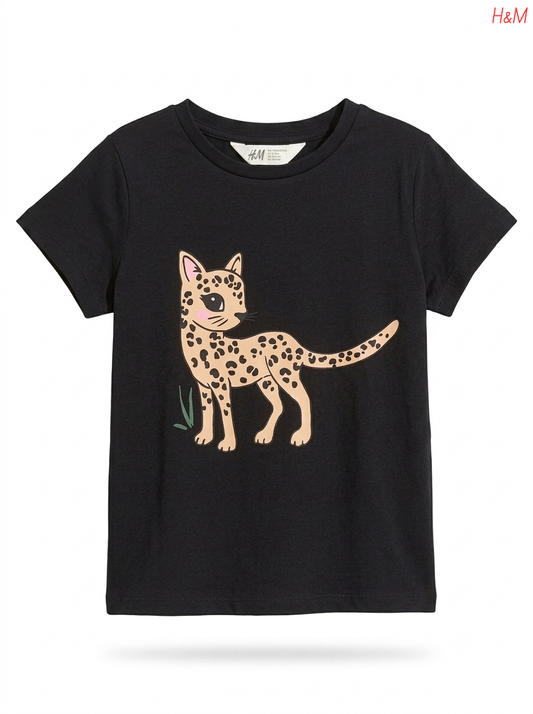 Girls' Leopard Graphic Cotton T-Shirt – Black
