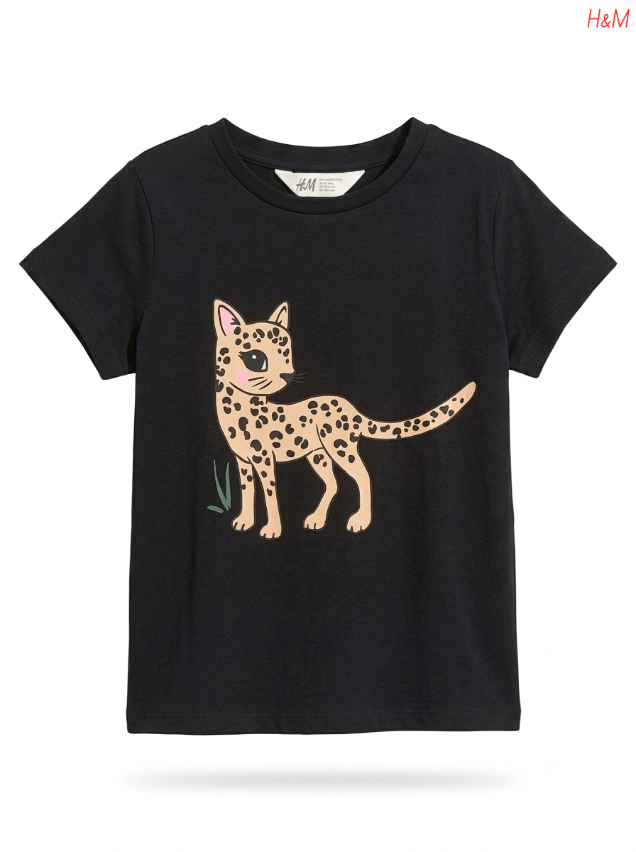 Girls' Leopard Graphic Cotton T-Shirt – Black