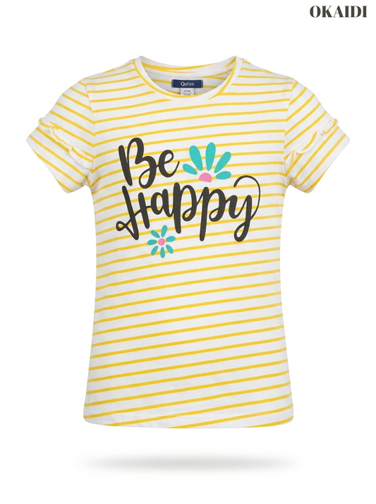Girls' "Be Happy" Striped Graphic T-Shirt with Ruffle Sleeves – Yellow & White