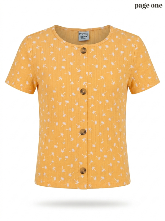 Girls' Palm Tree Print Ribbed Button-Front Top – Yellow