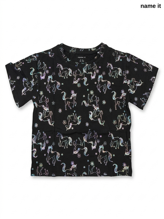 NAME IT Girls’ Black Iridescent Unicorn All-Over Print T-Shirt