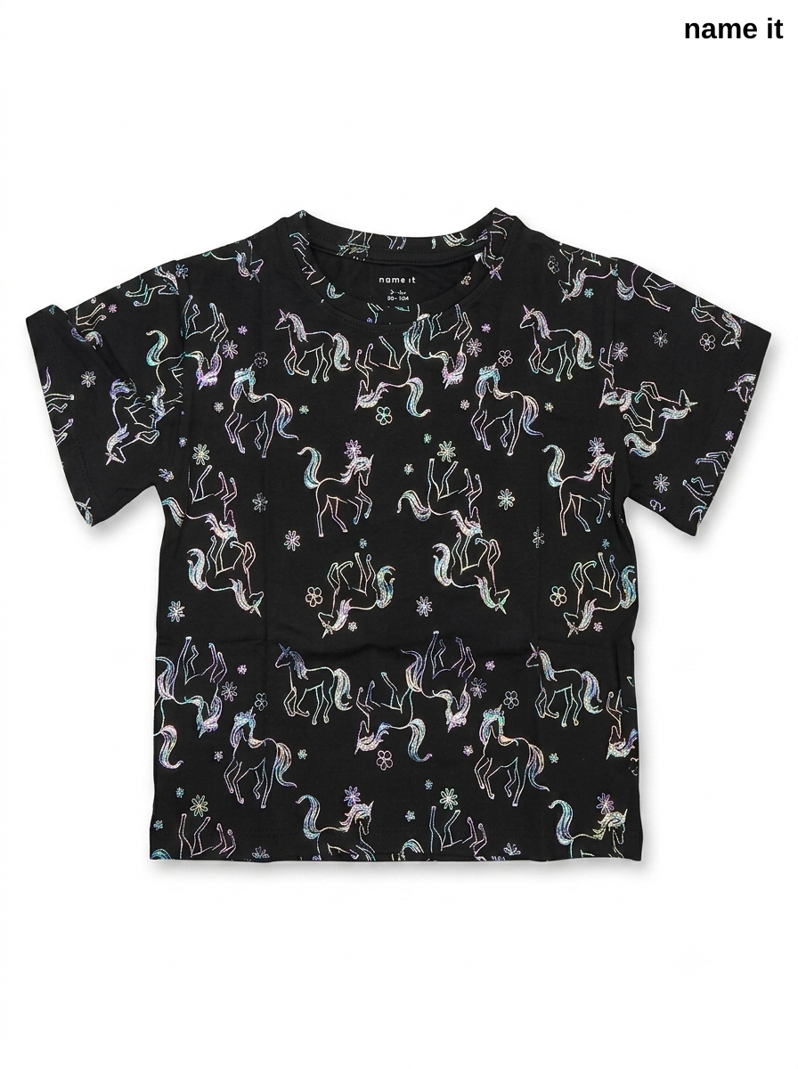 NAME IT Girls’ Black Iridescent Unicorn All-Over Print T-Shirt