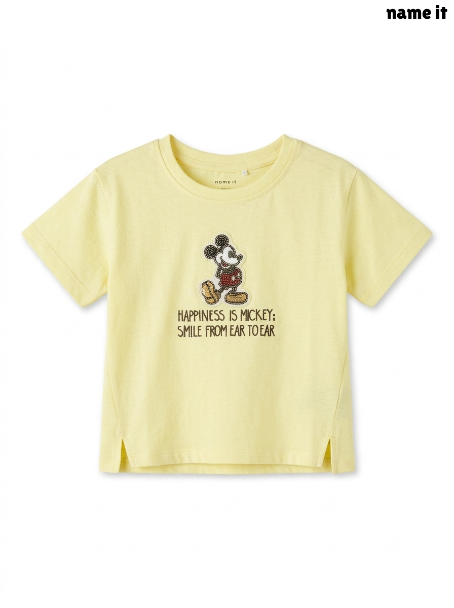 Girls' Disney Mickey Mouse Graphic T-Shirt with Side Slits – Light Yellow