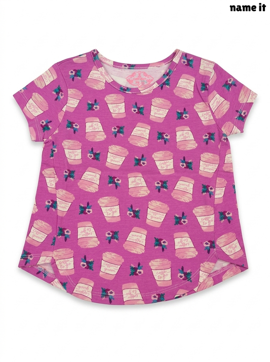Girls' Coffee Cup Print Curved Hem T-Shirt – Purple / Magenta