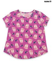 Girls' Coffee Cup Print Curved Hem T-Shirt – Purple / Magenta