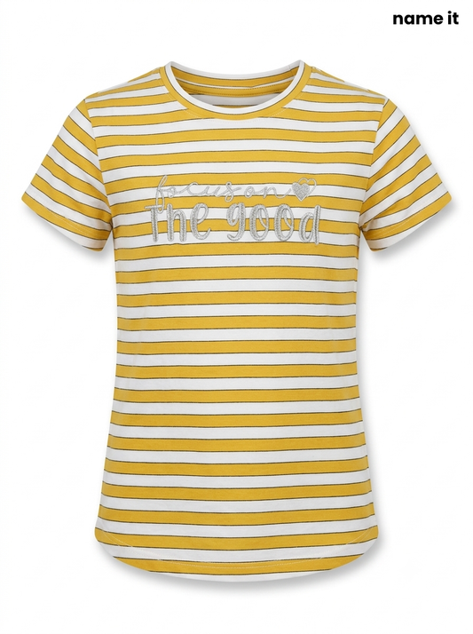 Girls' Striped "Focus on the Good" T-Shirt - Mustard Yellow & White