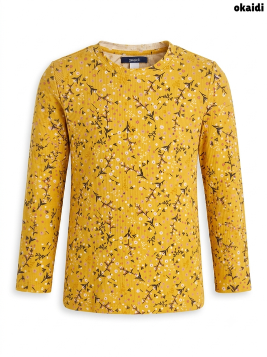 Girls' Mustard Floral Ribbed Long-Sleeve Top – Ochre Yellow