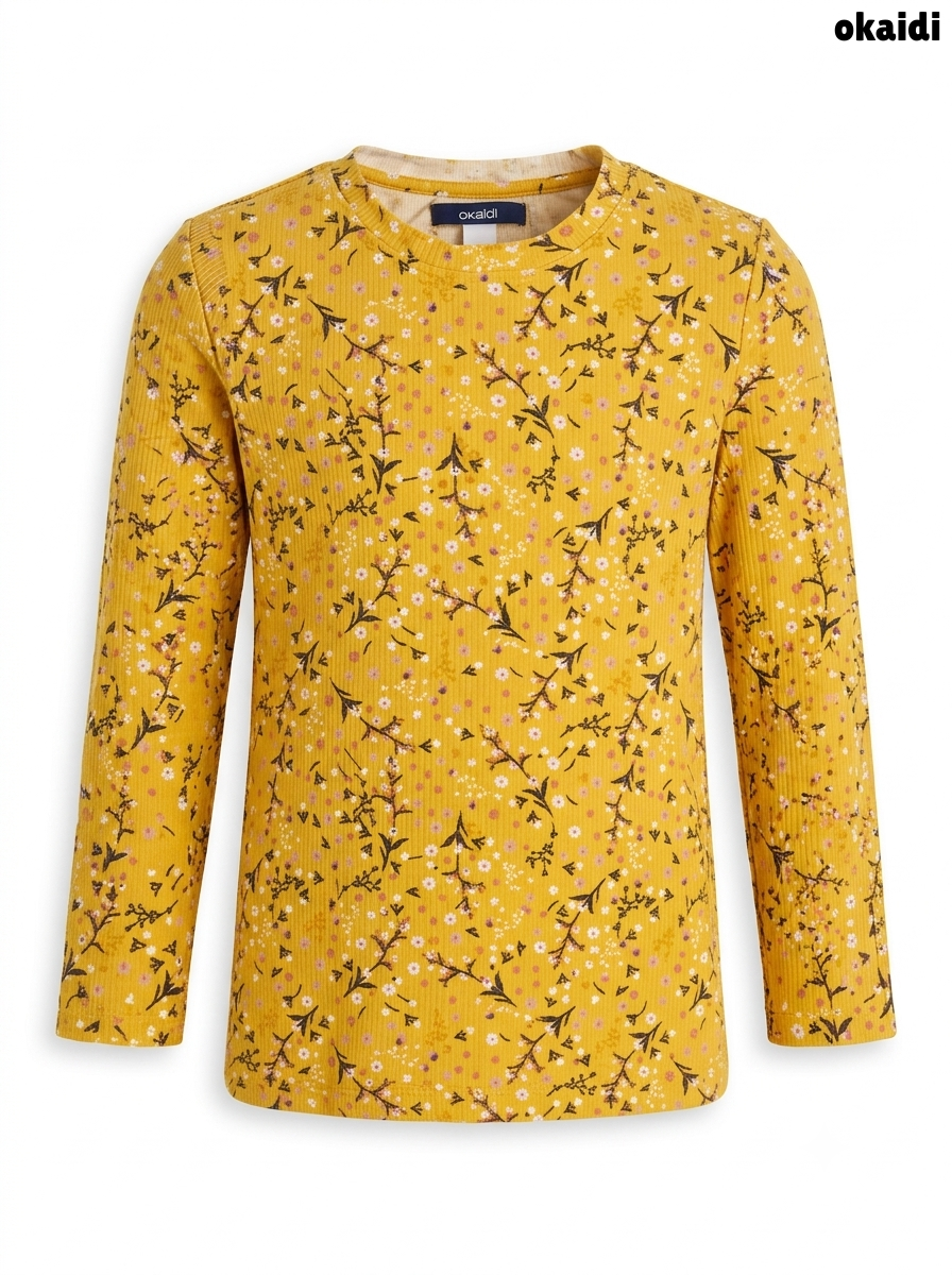 Girls' Mustard Floral Ribbed Long-Sleeve Top – Ochre Yellow