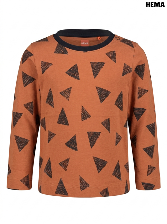 HEMA Long-Sleeve Geometric Print T-Shirt – Rust Orange / Terracotta