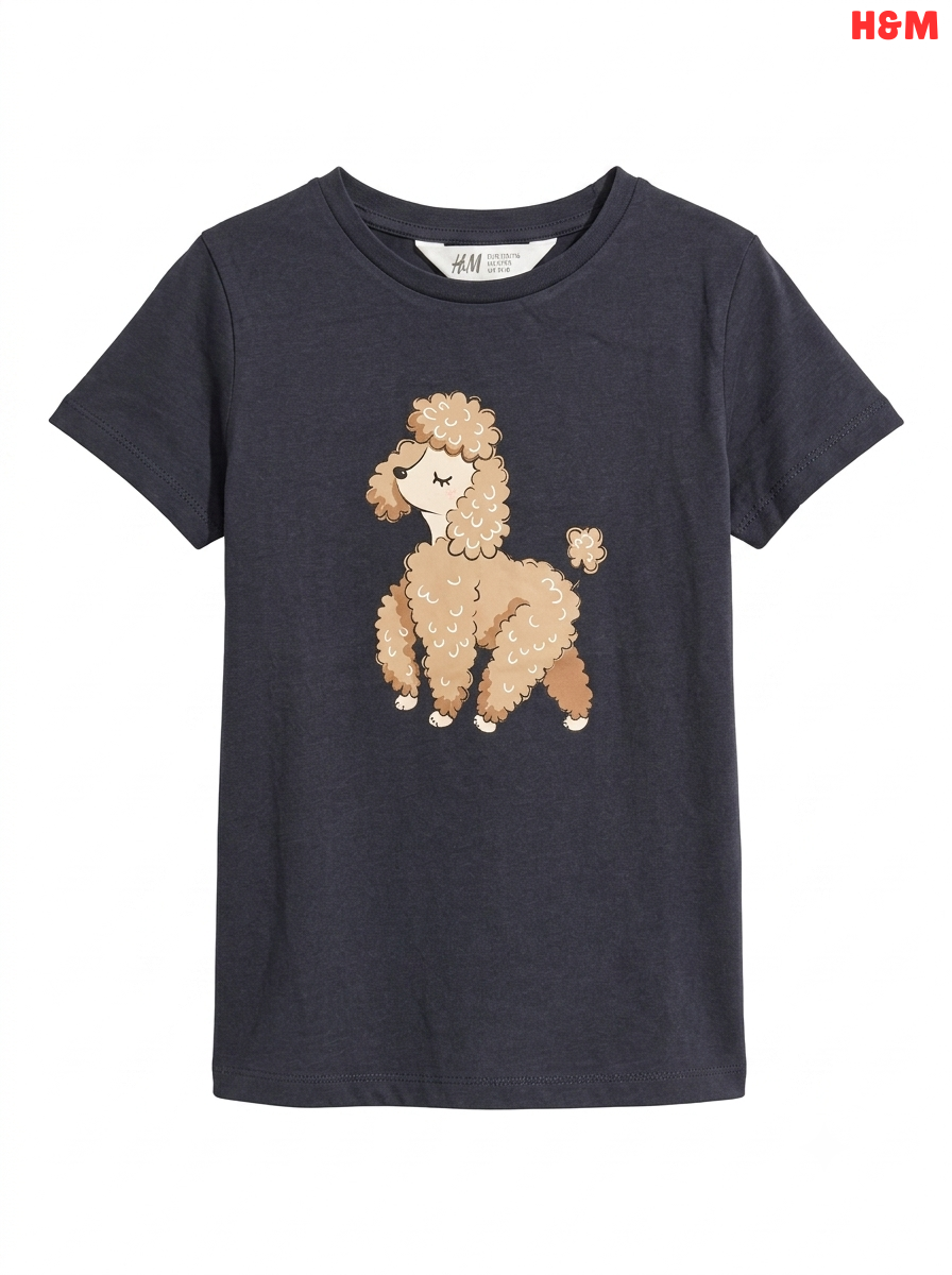 Girls' Poodle Graphic Printed T-Shirt – Dark Charcoal Grey