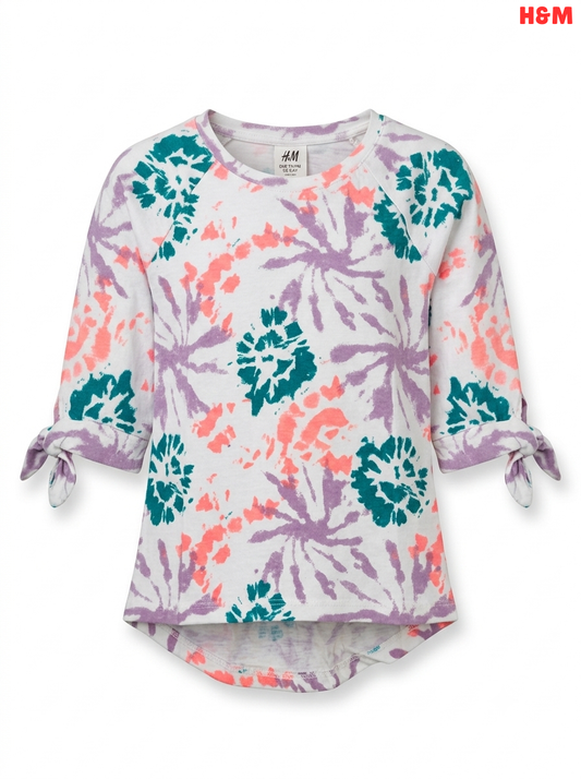 Girls' Tie-Dye 3/4 Sleeve Top with Knot Detail – Multicolor