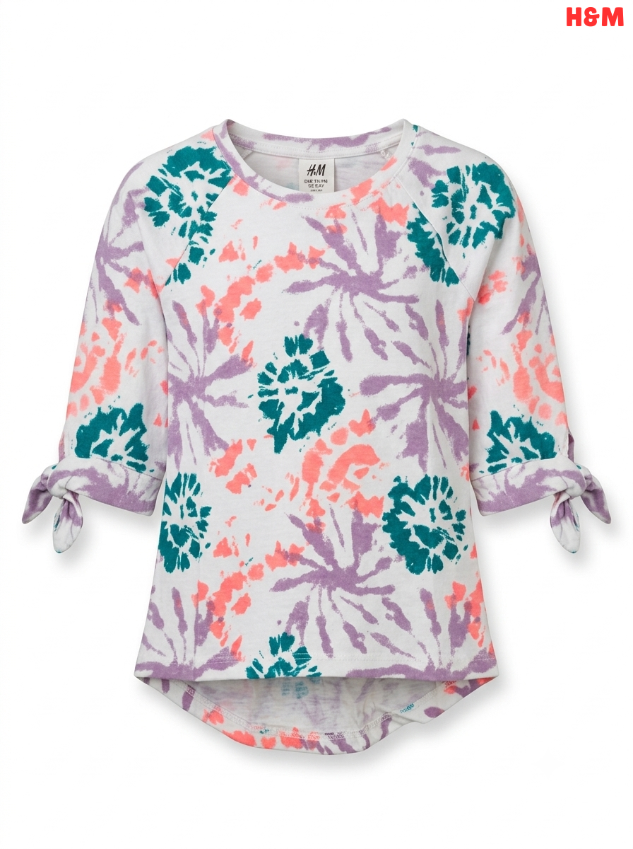 Girls' Tie-Dye 3/4 Sleeve Top with Knot Detail – Multicolor