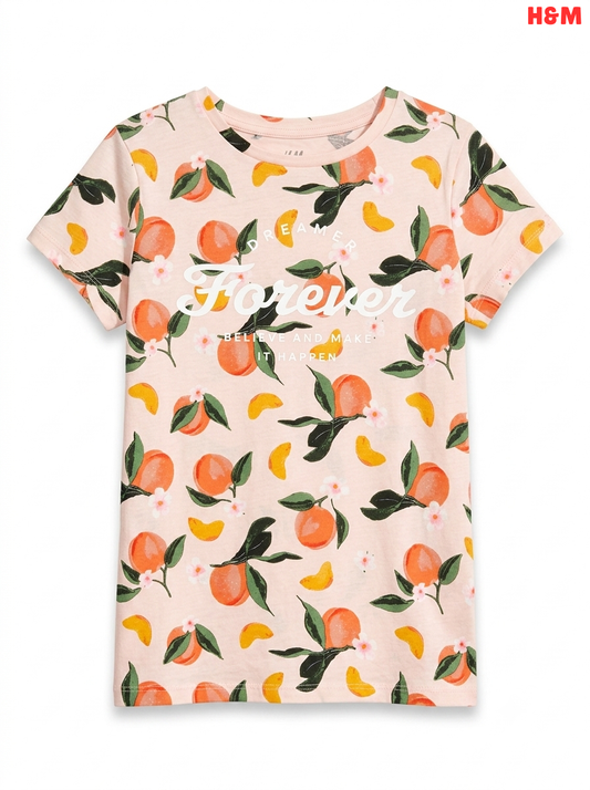 Girls' Peach & Floral Print Graphic T-Shirt – Soft Pink
