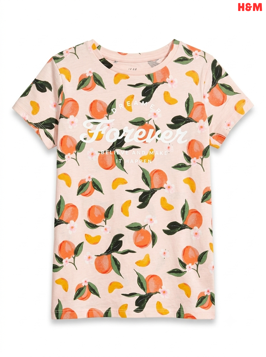 Girls' Peach & Floral Print Graphic T-Shirt – Soft Pink