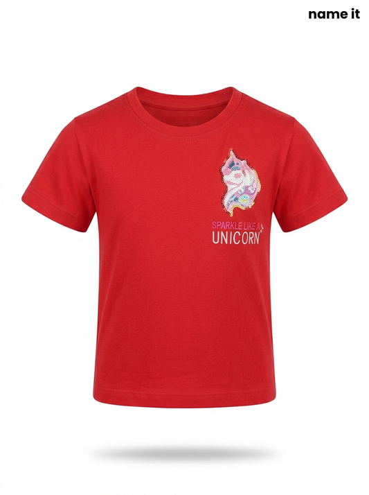NAME IT Girls' "Sparkle Like a Unicorn" Short-Sleeve Red T-Shirt
