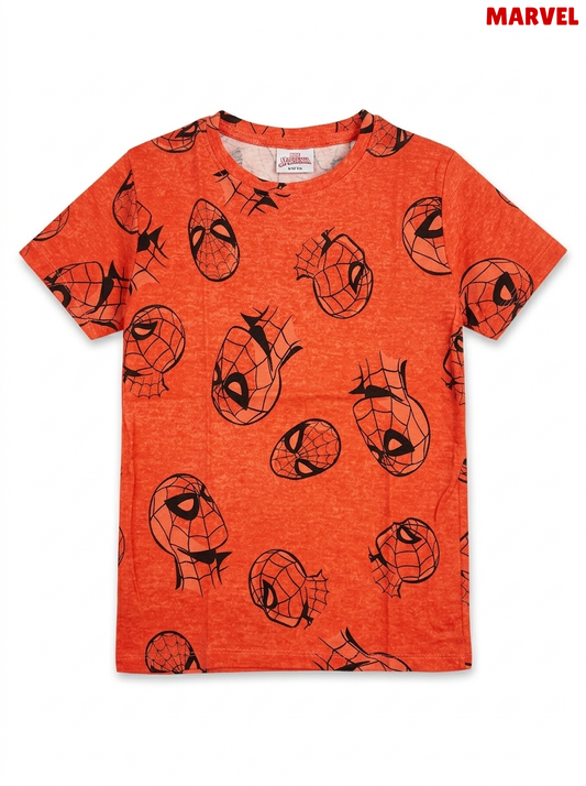 Official Marvel Spider-Man All-Over Mask Print T-Shirt – Bright Red / Heather Orange