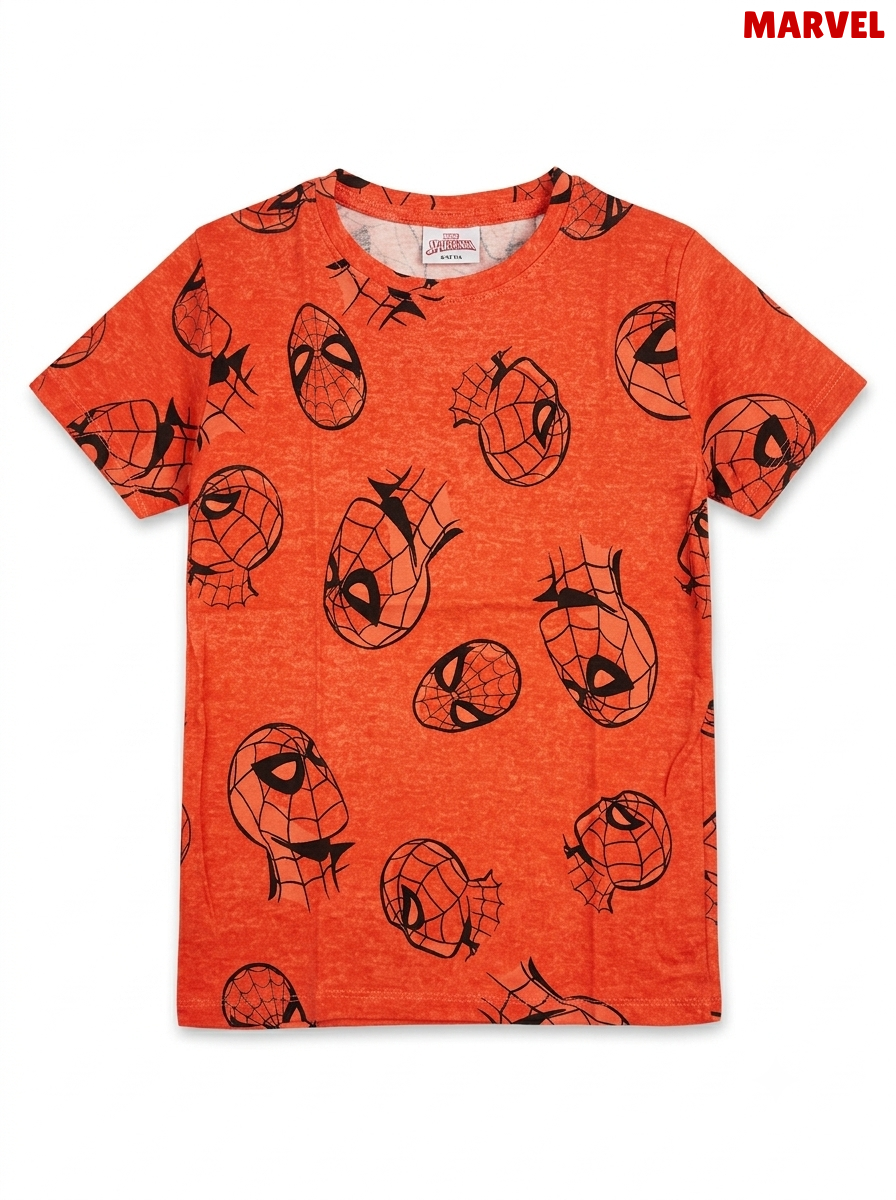 Official Marvel Spider-Man All-Over Mask Print T-Shirt – Bright Red / Heather Orange