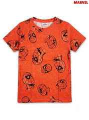 Official Marvel Spider-Man All-Over Mask Print T-Shirt – Bright Red / Heather Orange