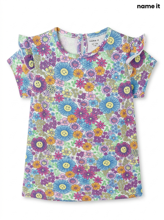 Girls' Floral Smiley Print Flutter-Sleeve Top