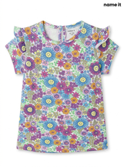 Girls' Floral Smiley Print Flutter-Sleeve Top