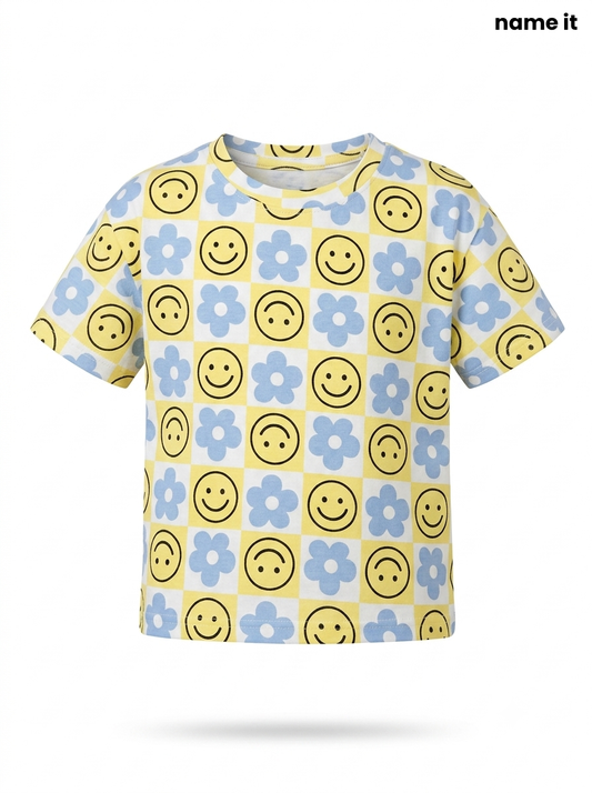 Girls' Smiley & Floral Checkered T-Shirt