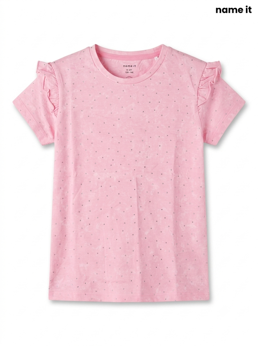 Girls' Pink Ruffle-Sleeve Rhinestone T-Shirt