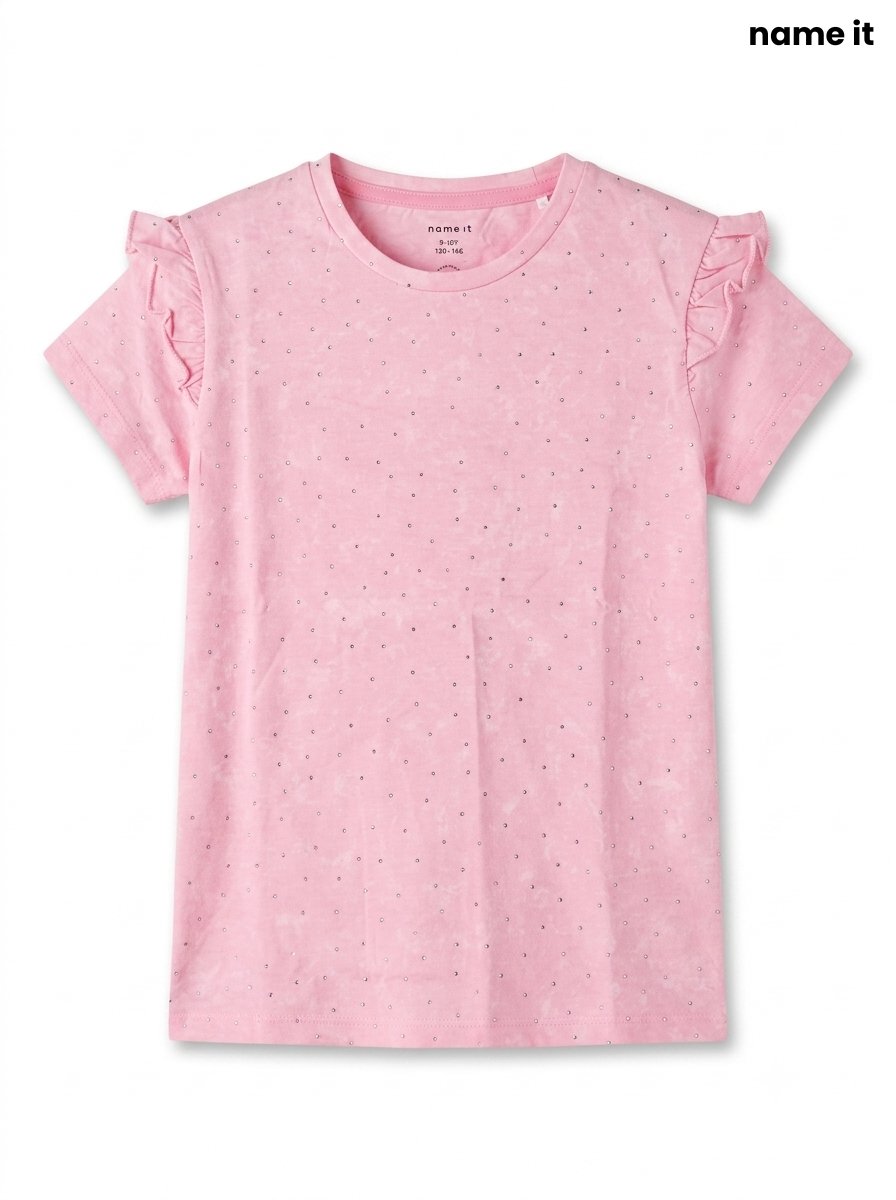 Girls' Pink Ruffle-Sleeve Rhinestone T-Shirt