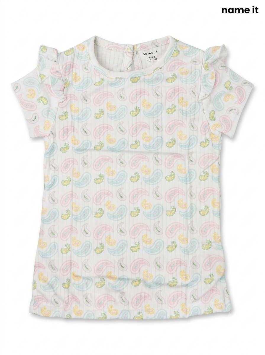 Girls' Pastel Paisley Ribbed Flutter-Sleeve Top