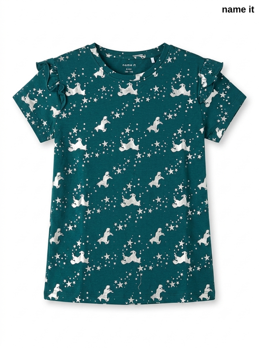 Girls' Dark Green Metallic Horse & Star Print Ruffle Sleeve T-Shirt