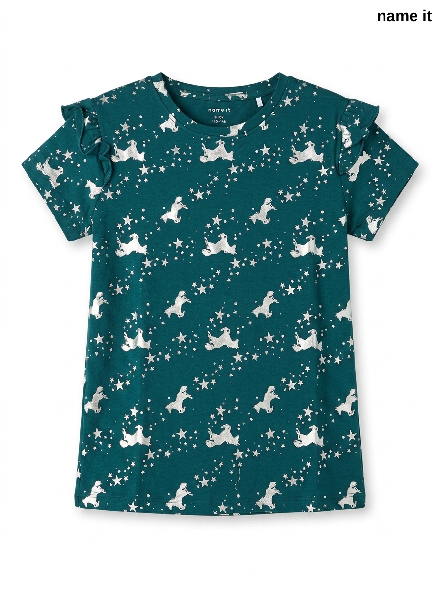 Girls' Dark Green Metallic Horse & Star Print Ruffle Sleeve T-Shirt