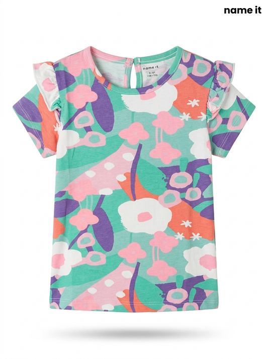 Girls' Vibrant Abstract Floral Flutter-Sleeve Top