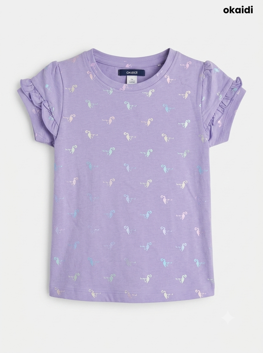 Girls' Lilac Flamingo Flutter-Sleeve T-Shirt