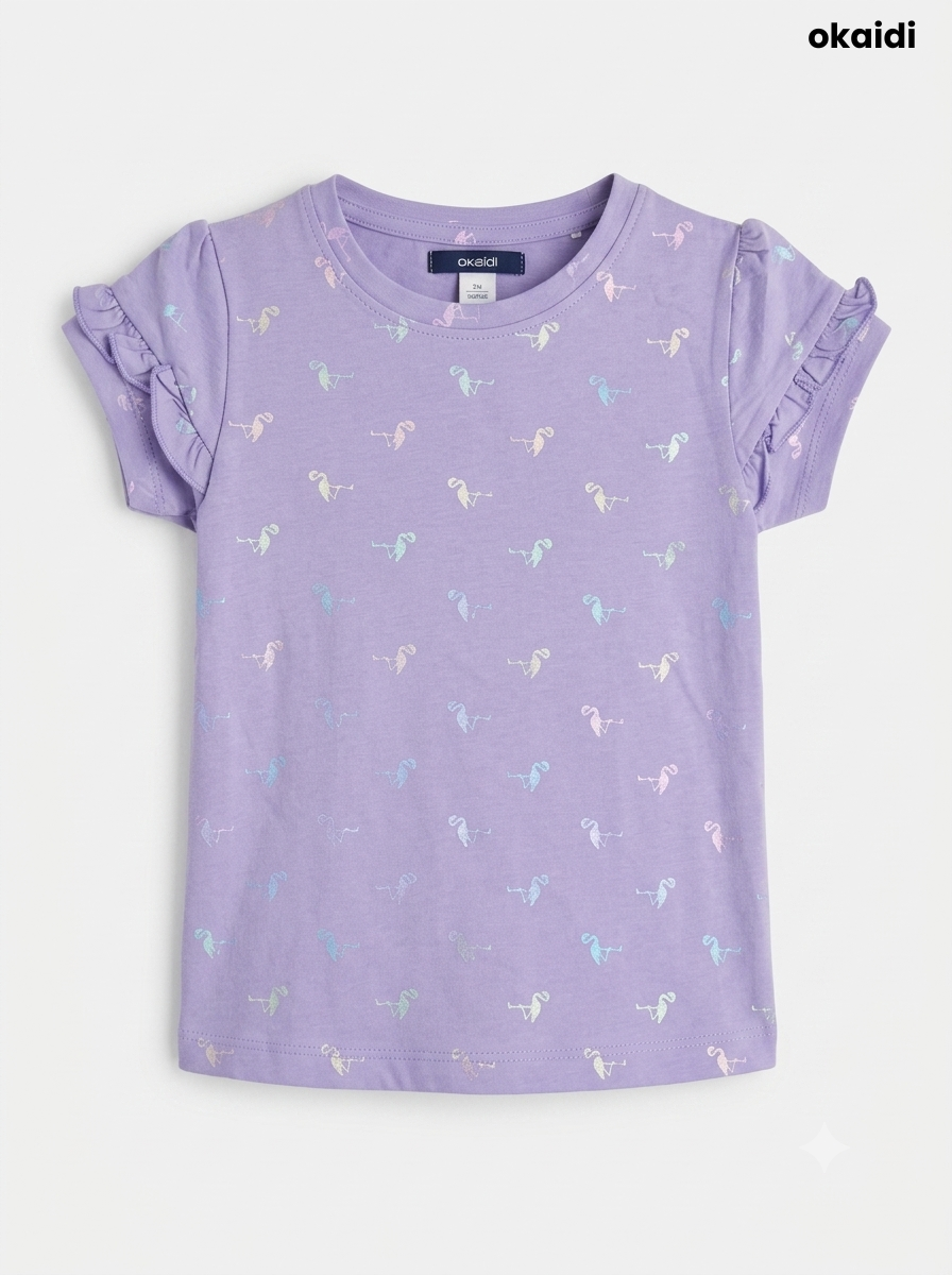 Girls' Lilac Flamingo Flutter-Sleeve T-Shirt