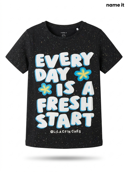 Girls' "Every Day Is A Fresh Start" Glitter T-Shirt - Black